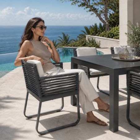 Möbelset für 8 Personen, Garten oder Terrasse, Tisch 240x100 cm + 8 Stühle, Aluminium, Seilgeflecht, Capri