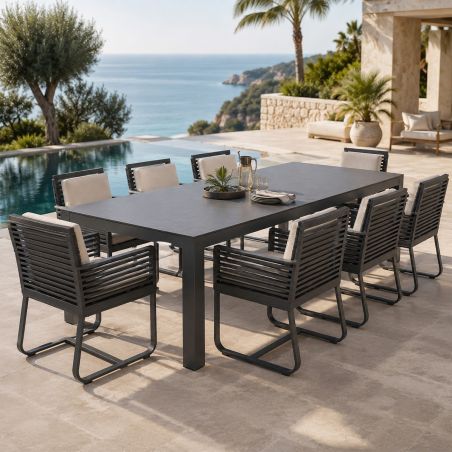 Möbelset für 8 Personen, Garten oder Terrasse, Tisch 240x100 cm + 8 Stühle, Aluminium, Seilgeflecht, Capri