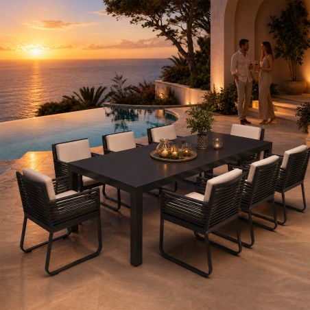 Möbelset für 8 Personen, Garten oder Terrasse, Tisch 240x100 cm + 8 Stühle, Aluminium, Seilgeflecht, Capri