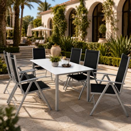 Gartenmöbel-Set für die Terrasse, großer Tisch mit matter Glasplatte, 6 klappbare Aluminiumstühle, 150 x90x75 cm, Clinton