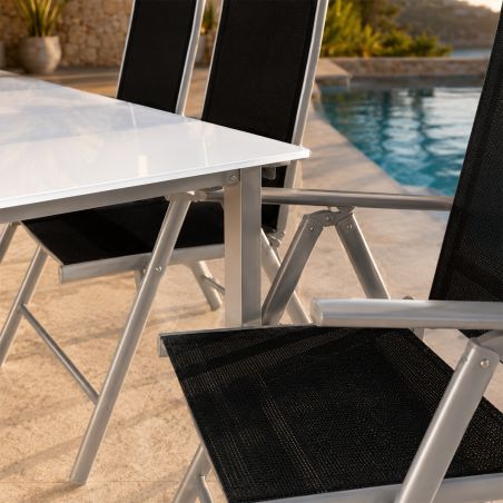 Gartenmöbel-Set für die Terrasse, großer Tisch mit matter Glasplatte, 6 klappbare Aluminiumstühle, 150 x90x75 cm, Clinton