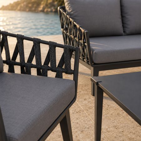 Möbelset für Garten oder Terrasse – Sofa, 2 Sessel, Couchtisch,  Aluminiumrahmen und Seilgeflecht, Ray