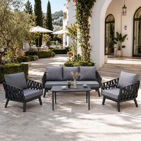 Möbelset für Garten oder Terrasse – Sofa, 2 Sessel, Couchtisch,  Aluminiumrahmen und Seilgeflecht, Ray