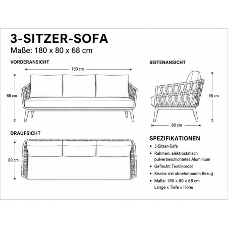 Möbelset für Garten oder Terrasse – Sofa, 2 Sessel, Couchtisch,  Aluminiumrahmen und Seilgeflecht, Ray