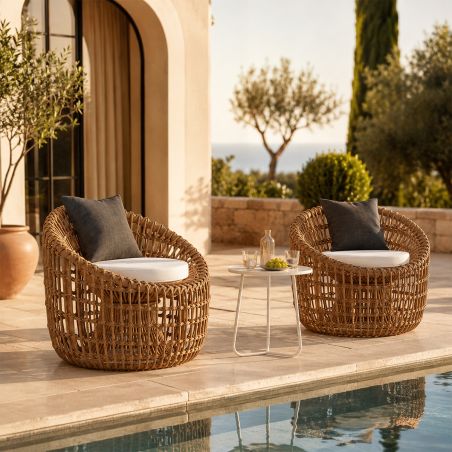 Möbelset für Garten oder Terrasse – 2 Sessel, Couchtisch, Aluminiumrahmen, Polyrattan, braune und weiße Kissen, Ema