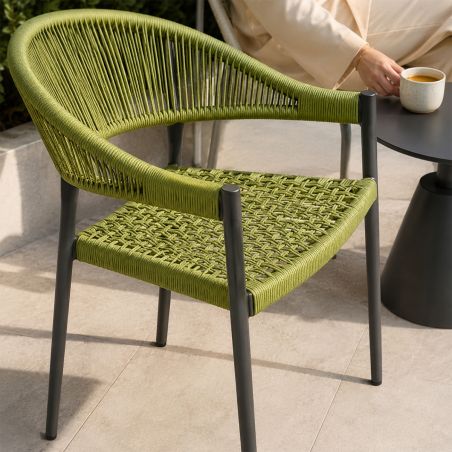 Set mit Tisch und 2 Stühlen, für Garten oder Terrasse, Aluminium in Dunkelgrau, grüne Seilflechtung, Oasis