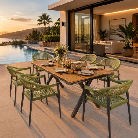 Möbelset für 6 Personen, Garten oder Terrasse, Aluminium in dunkelgrau, Tisch 200 cm + 6 Stühle mit grüner Seilflechtung, Zen