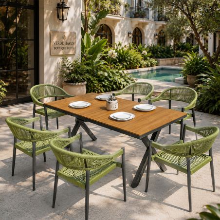 Möbelset für 6 Personen, Garten oder Terrasse, Aluminium in dunkelgrau, Tisch 200 cm + 6 Stühle mit grüner Seilflechtung, Zen