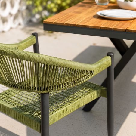 Möbelset für 6 Personen, Garten oder Terrasse, Aluminium in dunkelgrau, Tisch 200 cm + 6 Stühle mit grüner Seilflechtung, Zen