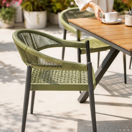 Möbelset für 6 Personen, Garten oder Terrasse, Aluminium in dunkelgrau, Tisch 200 cm + 6 Stühle mit grüner Seilflechtung, Zen
