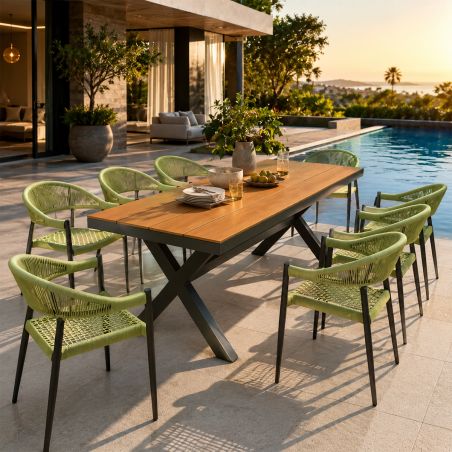 Möbelset für 8 Personen, Garten oder Terrasse, Aluminium in dunkelgrau, Tisch 200 cm + 8 Stühle mit grüner Seilflechtung, Zen