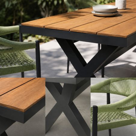 Möbelset für 8 Personen, Garten oder Terrasse, Aluminium in dunkelgrau, Tisch 200 cm + 8 Stühle mit grüner Seilflechtung, Zen