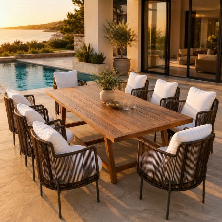 Möbelset für Garten oder Terrasse – Tisch und 8 Stühle, Aluminiumrahmen mit Polyrattan und massivem Teakholz, Tess
