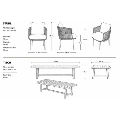 Möbelset für Garten oder Terrasse – Tisch und 8 Stühle, Aluminiumrahmen mit Polyrattan und massivem Teakholz, Tess