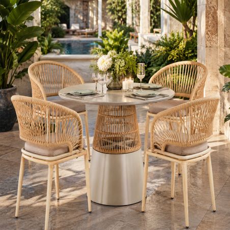Möbelset für Garten oder Terrasse – Tisch und 4 Stühle, Aluminiumrahmen und Polyrattan-Geflecht, June