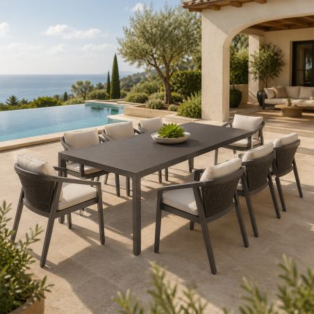 Möbelset für Garten oder Terrasse – Tisch aus Aluminium und 8 Stühle, Aluminiumrahmen und Polyrattan, Dunkelgrau, Dalia