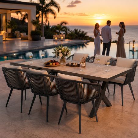 Möbelset für 6 Personen, Garten oder Terrasse, Aluminium, ausziehbarer Tisch mit Steinplatte, Seilgeflecht, Maldives