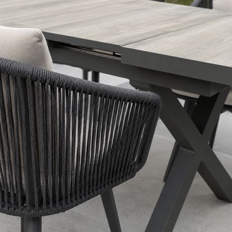 Möbelset für 6 Personen, Garten oder Terrasse, Aluminium, ausziehbarer Tisch mit Steinplatte, Seilgeflecht, Maldives