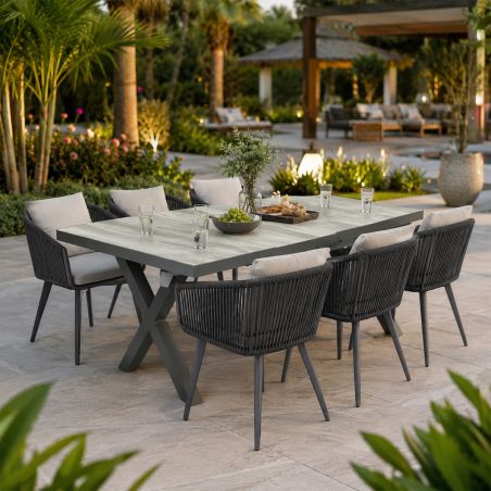 Möbelset für 6 Personen, Garten oder Terrasse, Aluminium, ausziehbarer Tisch mit Steinplatte, Seilgeflecht, Maldives