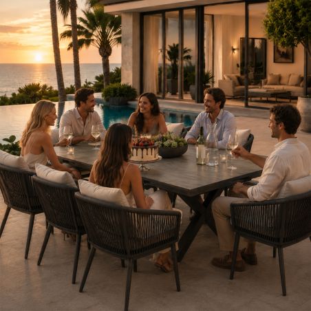Möbelset für 8 Personen, Garten oder Terrasse, Aluminium, ausziehbarer Tisch mit Steinplatte, Seilgeflecht, Maldives