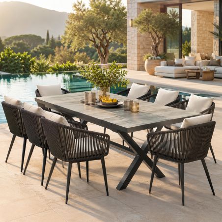 Möbelset für 8 Personen, Garten oder Terrasse, Aluminium, ausziehbarer Tisch mit Steinplatte, Seilgeflecht, Maldives