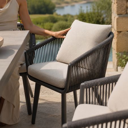 Möbelset für 8 Personen, Garten oder Terrasse, Aluminium, ausziehbarer Tisch mit Steinplatte, Seilgeflecht, Maldives