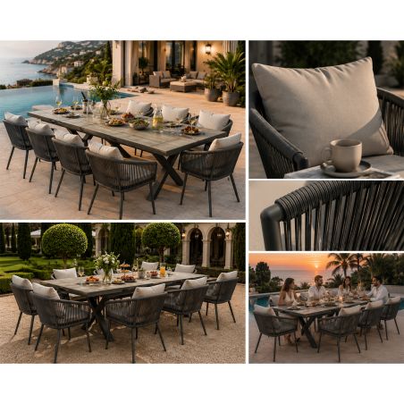 Möbelset für 8 Personen, Garten oder Terrasse, Aluminium, ausziehbarer Tisch mit Steinplatte, Seilgeflecht, Maldives