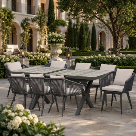 Möbelset für 8 Personen, Garten oder Terrasse, Aluminium, ausziehbarer Tisch mit Steinplatte, Seilgeflecht, Maldives