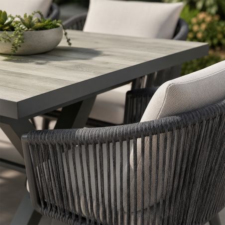 Möbelset für 8 Personen, Garten oder Terrasse, Aluminium, ausziehbarer Tisch mit Steinplatte, Seilgeflecht, Maldives