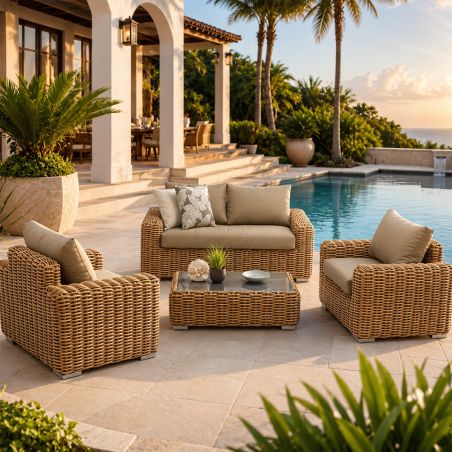 Möbelset, Garten oder Terrasse, Sofa, 2 Sessel, Kaffeetisch, Aluminiumgestell, Polyrattan, Augusta