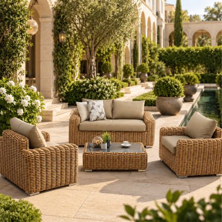 Möbelset, Garten oder Terrasse, Sofa, 2 Sessel, Kaffeetisch, Aluminiumgestell, Polyrattan, Augusta
