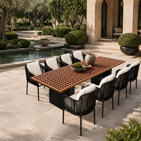 Möbelset für Garten oder Terrasse, Teakholztisch mit 8 Stühlen inklusive Kissen, Aluminium- und Polyrattan-Gestell, Mora