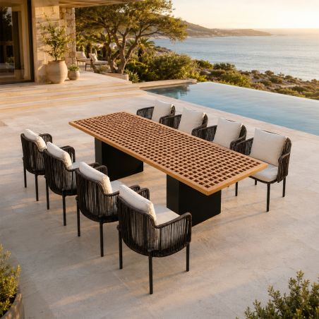 Möbelset für Garten oder Terrasse, Teakholztisch mit 8 Stühlen inklusive Kissen, Aluminium- und Polyrattan-Gestell, Mora