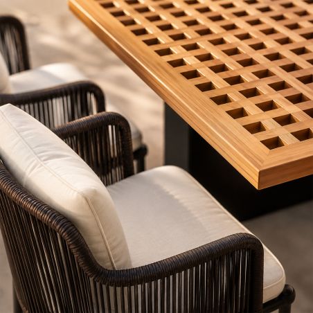 Möbelset für Garten oder Terrasse, Teakholztisch mit 8 Stühlen inklusive Kissen, Aluminium- und Polyrattan-Gestell, Mora