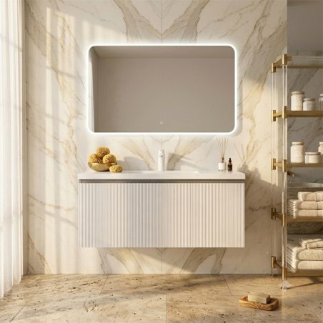 Badezimmermöbel aus MDF, Fronten mit Rillenmuster, Waschbecken aus Verbundwerkstoff, Soft-Close, 120 x 46 x 49 cm, Weiß, Evo