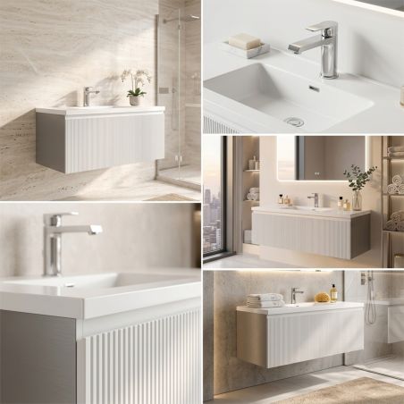 Badezimmermöbel aus MDF, Fronten mit Rillenmuster, Waschbecken aus Verbundwerkstoff, Soft-Close, 120 x 46 x 49 cm, Weiß, Evo