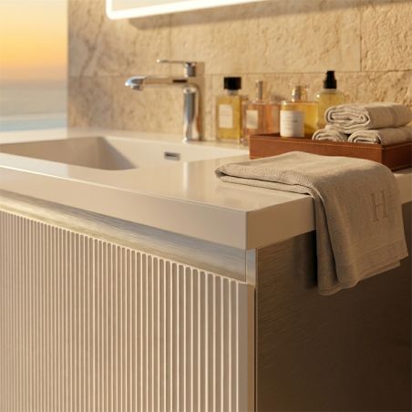Badezimmermöbel aus MDF, Fronten mit Rillenmuster, Waschbecken aus Verbundwerkstoff, Soft-Close, 120 x 46 x 49 cm, Weiß, Evo