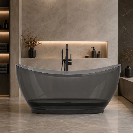 Freistehende Badewanne, Kunstharz, inklusive verchromter Abluftventil, Farbe: Rauchgrau, transparent, 170 x 80 cm, Selora