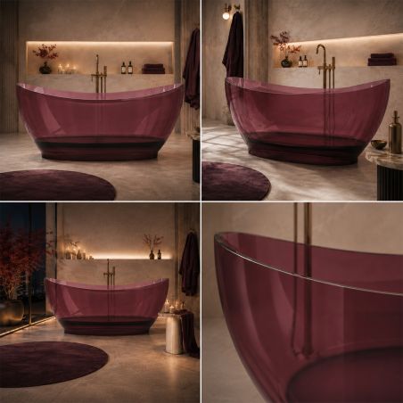 Freistehende Badewanne, Kunstharz, inklusive verchromter Abluftventil, Farbe: Weinrot, transparent, 170 x 80 cm, Selora