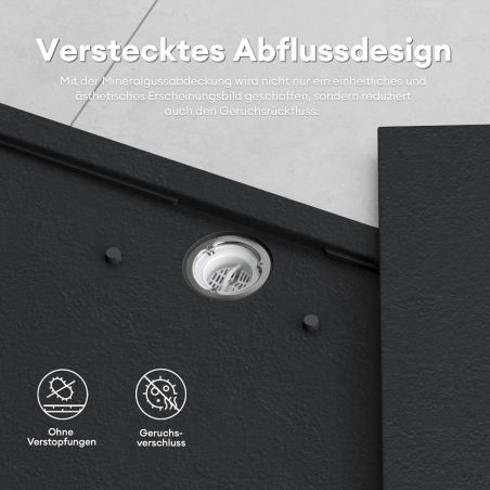 Duschwanne, Marmor-Verbundwerkstoff, verdeckter Abfluss, Höhe 3 cm, Anthrazit matt, Maße: 80–90 × 120 cm, GEO10