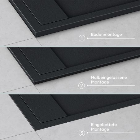 Duschwanne, Marmor-Verbundwerkstoff, verdeckter Abfluss, Höhe 3 cm, Anthrazit matt, Maße: 80–90 × 120 cm, GEO10