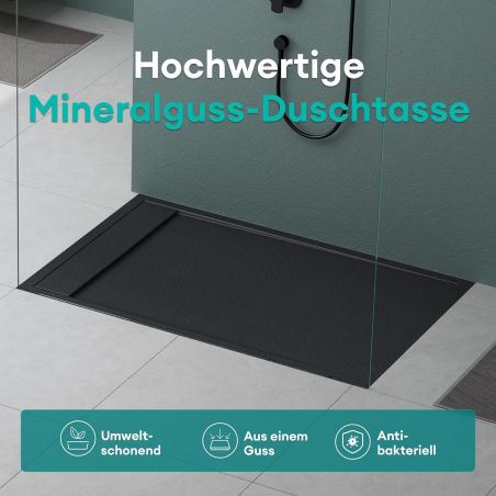 Duschwanne, Marmor-Verbundwerkstoff, verdeckter Abfluss, Höhe 3 cm, Anthrazit matt, Maße: 80–90 × 120 cm, GEO10