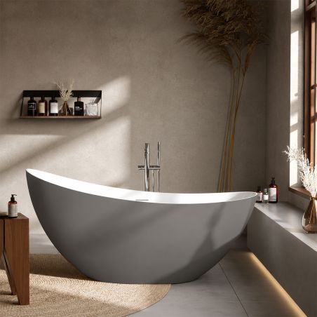 Freistehende Badewanne aus Acryl, inklusive verchromtem Überlaufventil, außen mattgrau, innen glänzend weiß, 160 x 80 cm, Cairo