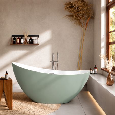 Freistehende Badewanne aus Acryl, verchromtem Überlaufventil, außen Mintgrün matt, innen in Hochglanzweiß, 160 x 80 cm, Cairo