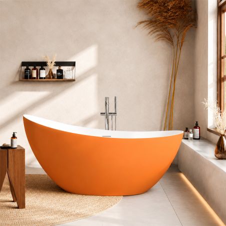 Freistehende Badewanne Acryl, inklusive verchromtem Überlaufventil, außen Orange Matt, innen Weiß Hochglanz, 160 x 80 cm, Cairo