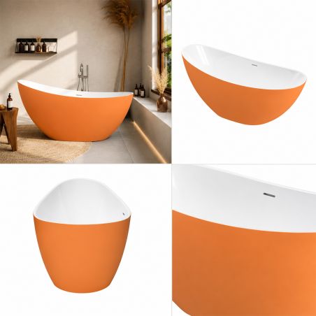 Freistehende Badewanne Acryl, inklusive verchromtem Überlaufventil, außen Orange Matt, innen Weiß Hochglanz, 160 x 80 cm, Cairo