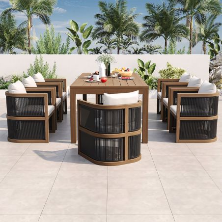 Möbelgarnitur, Tisch 150 cm + 6 Stühle, Teakholz, für Terrasse oder Garten, Seilgeflecht, Kissen inklusive, Gardenia