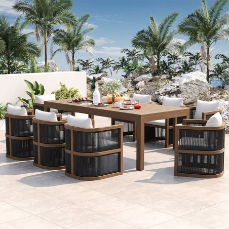 Möbelgarnitur, Tisch 150 cm + 6 Stühle, Teakholz, für Terrasse oder Garten, Seilgeflecht, Kissen inklusive, Gardenia