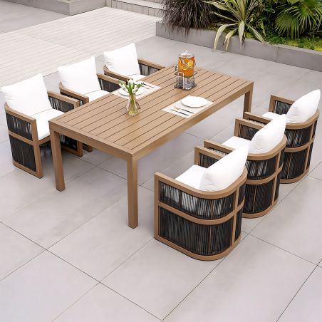 Möbelgarnitur, Tisch 150 cm + 6 Stühle, Teakholz, für Terrasse oder Garten, Seilgeflecht, Kissen inklusive, Gardenia