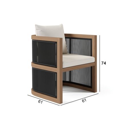 Möbelgarnitur, Tisch 150 cm + 6 Stühle, Teakholz, für Terrasse oder Garten, Seilgeflecht, Kissen inklusive, Gardenia